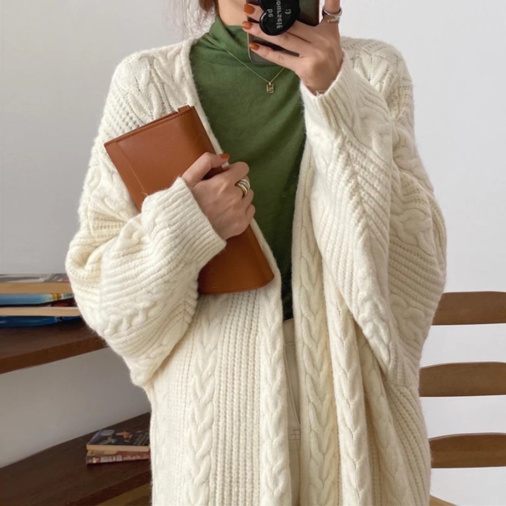 Twist cardigan sweater cable knit cream beige womens knit long sleeve - Picture 11 of 11